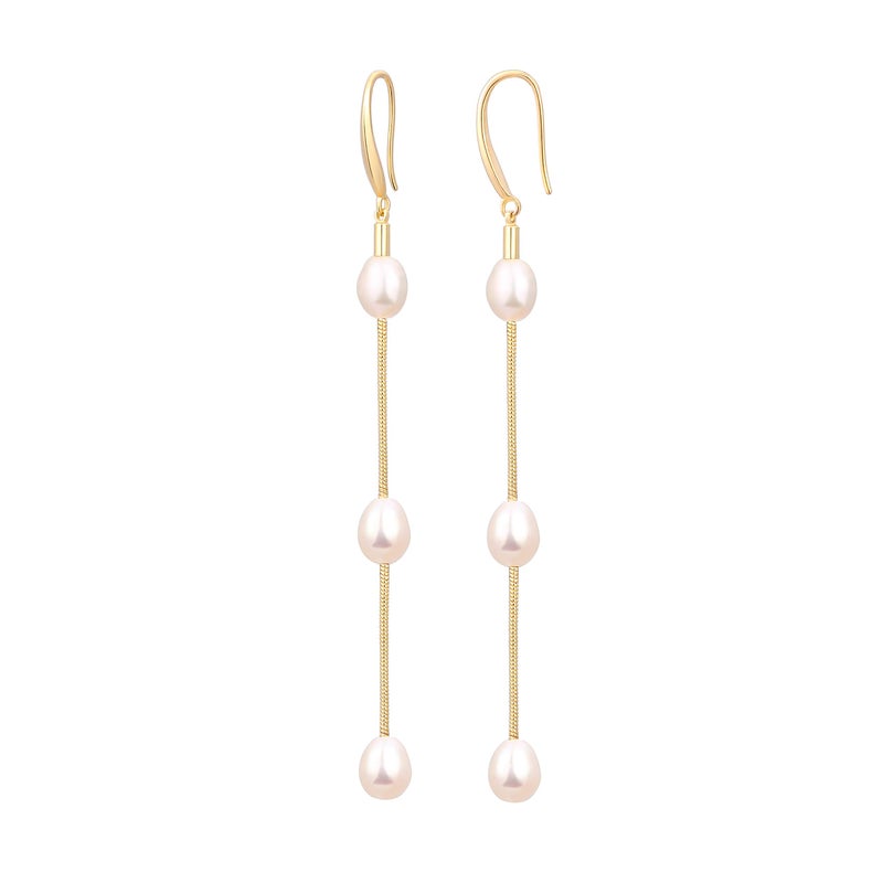 POTESSA Baroque Pearl 18K Gold Plated Hoop Drop Dangle Earrings for Women Long Snake Chain Dainty Bridal Earrings for Wedding - Image 1